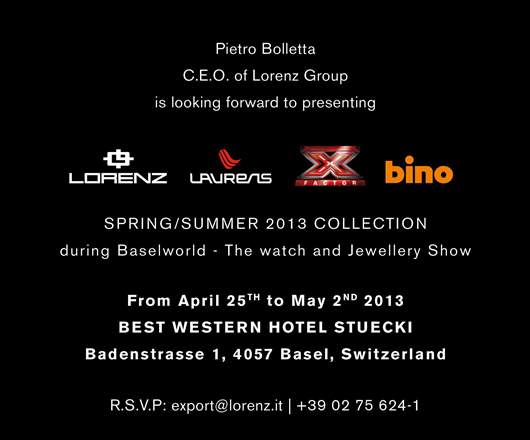 Invitation to the Lorenz Group Watch Exhibit, April 25 - May 2, 2013 at the Best Western Hotel Stücki near the Basel Fairgrounds